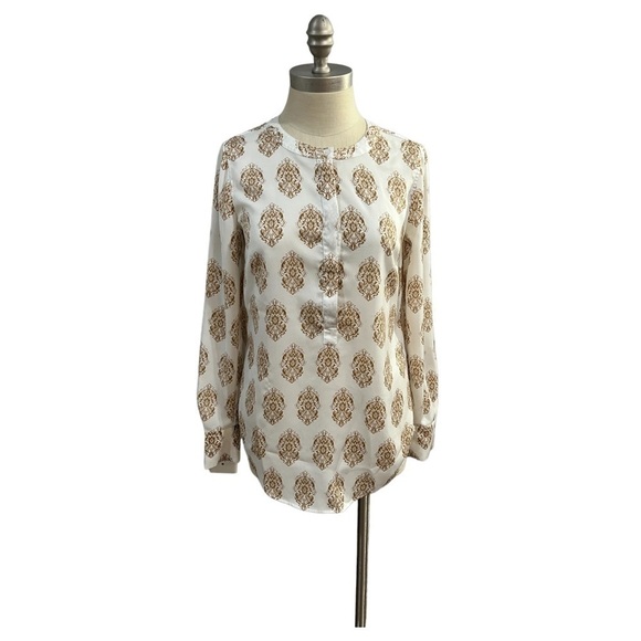 J CREW XXS Popover Tunic Top Blouse Printed Medallion Paisley White Tan - Picture 1 of 8